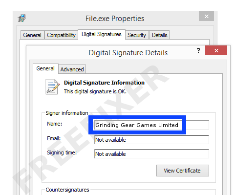 Screenshot of the Grinding Gear Games Limited certificate